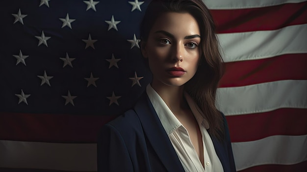 A woman standing in front of an american flag