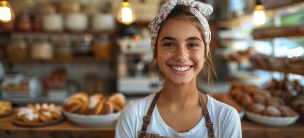 Woman Standing in Front of Baked Goods Display