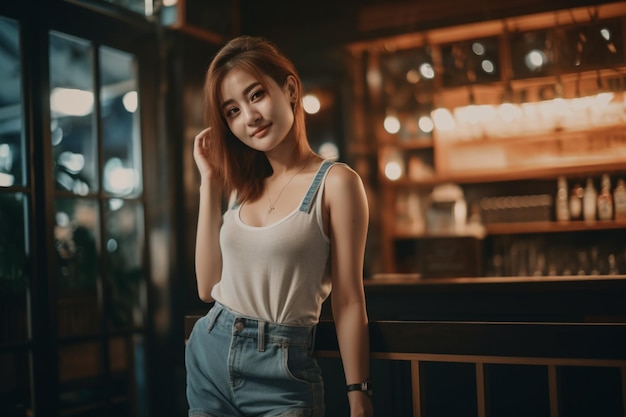 A woman standing in front of a bar with her hair pulled back and her hand on her hip.