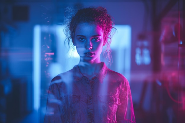 a woman standing in front of a blue and pink light