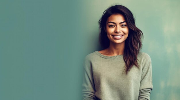 Photo woman standing in front of blue wall