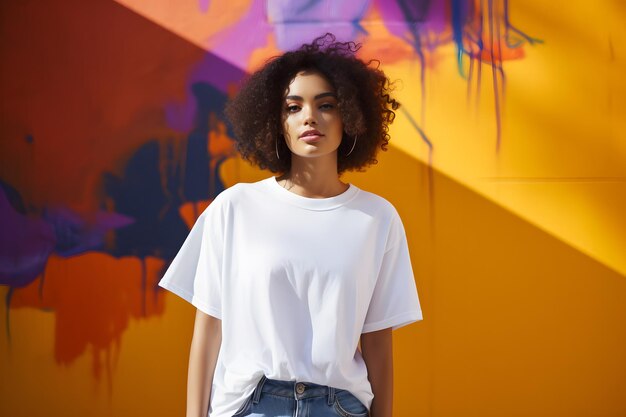 Photo woman standing in front of a bright wall background