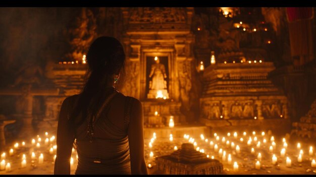 Photo a woman standing in front of a building with lit candles