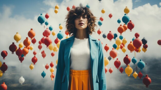 A woman standing in front of a bunch of balloons generative ai image