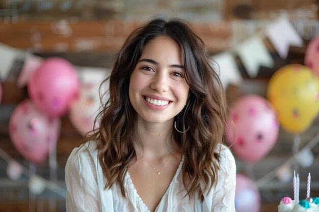 A woman standing in front of a cake with candles on it and balloons in the background with a sign