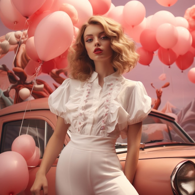 Foto una donna in piedi di fronte a una macchina con palloncini rosa