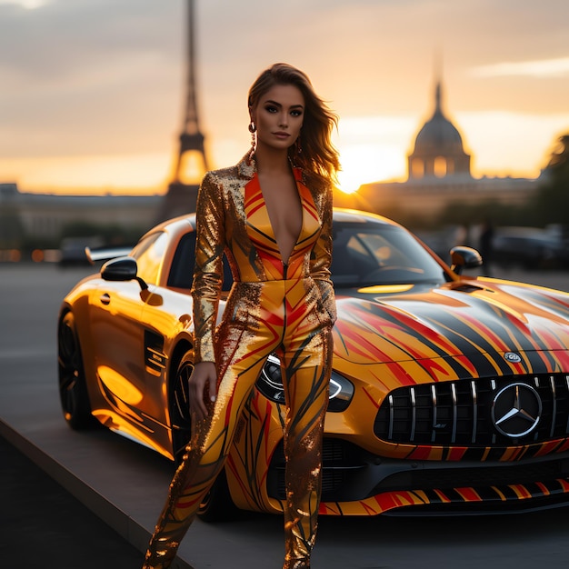 a woman standing in front of a car