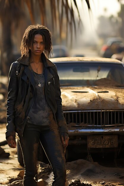 a woman standing in front of a car