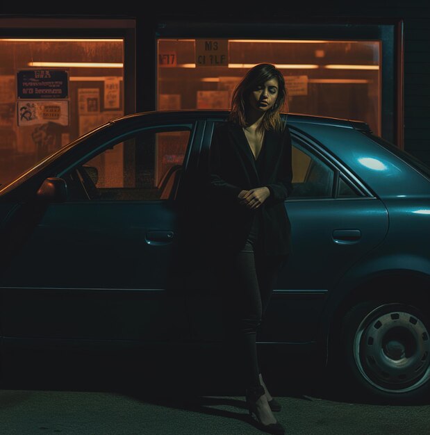 A woman standing in front of a car