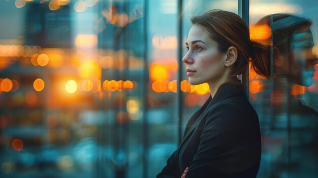 A woman standing in front of a clear glass wall