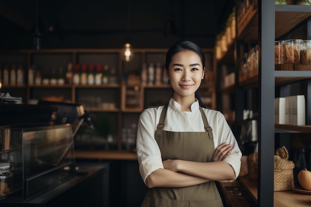 A woman standing in front of a coffee machine