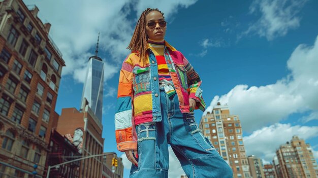 Photo woman standing in front of colorful building