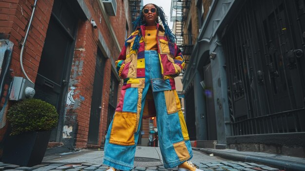 Photo woman standing in front of colorful building