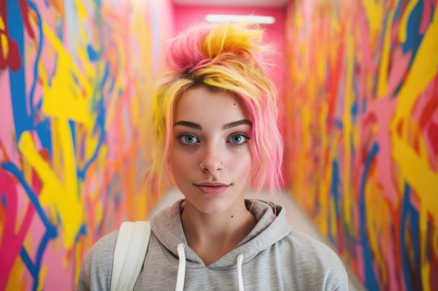 Photo woman standing in front of colorful wall