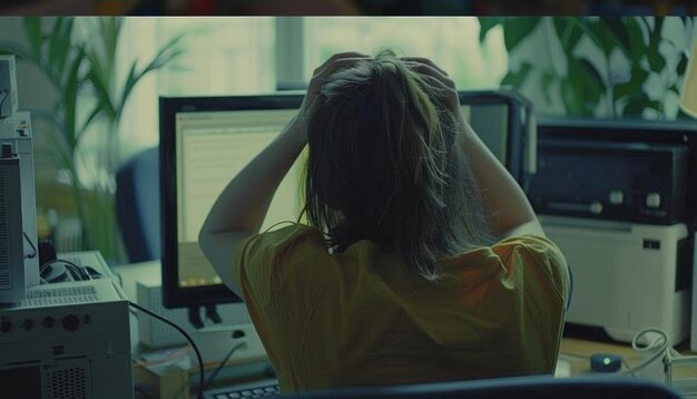 Photo woman standing in front of computer with head held up labour day banner