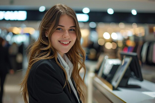 a woman standing in front of a counter in a store