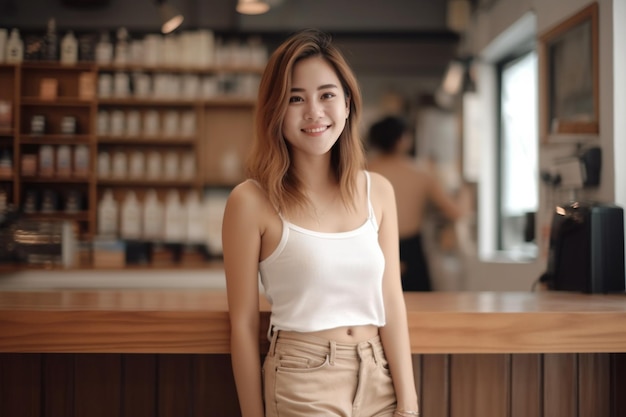 A woman standing in front of a counter with a white tank top and tan pants.