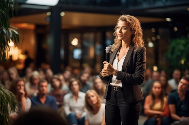 A woman standing in front of a crowd holding a microphone