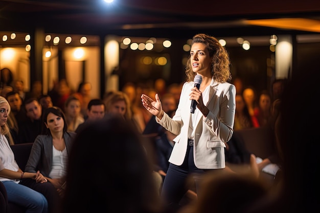 A woman standing in front of a crowd holding a microphone