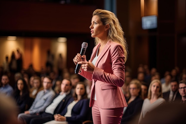 A woman standing in front of a crowd holding a microphone