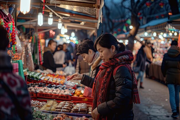 A woman standing in front of a display of food