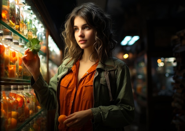 A woman standing in front of a display of oranges