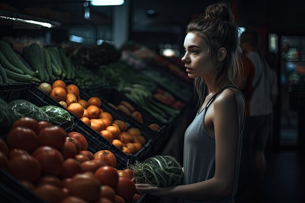 Foto una donna in piedi davanti a una vetrina di verdure