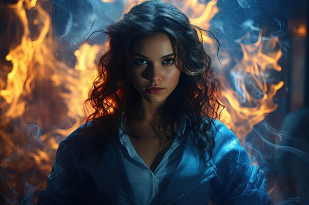 A woman standing in front of a fire background