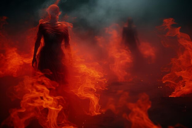 a woman standing in front of fire in the dark