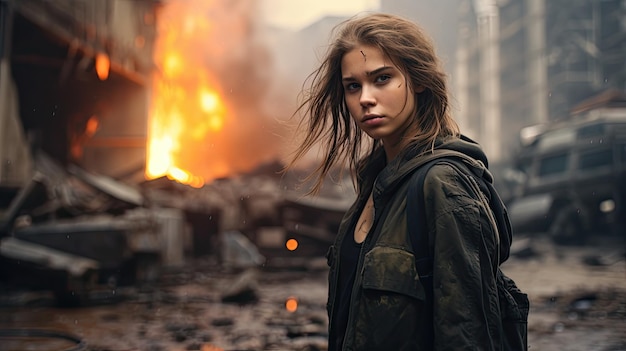 A woman standing in front of a fire