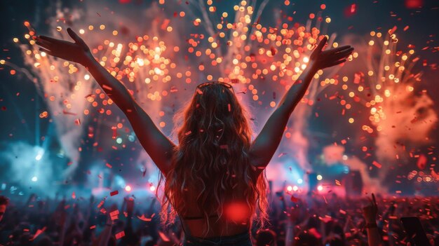 Woman standing in front of fireworks at concert