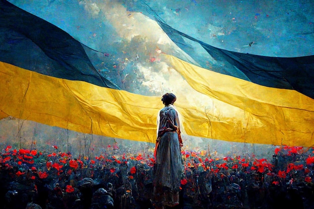 A woman standing in front of a flag that says'the flag is yellow '