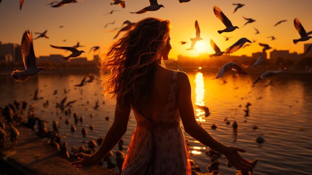 Woman standing in front of a flock of birds Woman is throwing pigeons at sunset