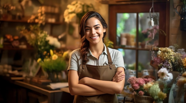 A woman standing in front of a flower shop