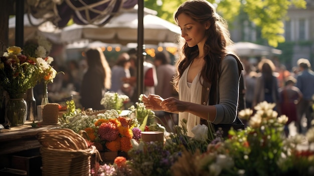 Woman Standing in Front of FlowerFilled Table