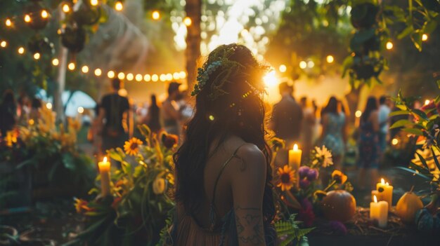 Photo a woman standing in front of a forest illuminated by numerous candles creating a mystical and