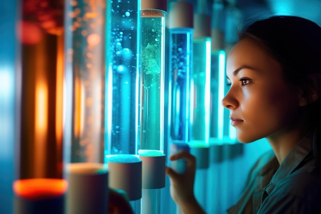 Photo woman standing in front of glass tubes