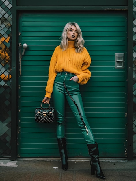 A woman standing in front of a green door in green leather pants and a yellow jacket ai generated ai generative ai generativ