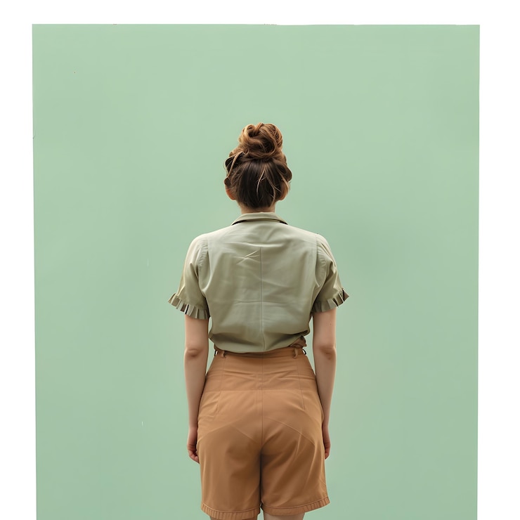 Photo woman standing in front of green wall isolated on white background vintage