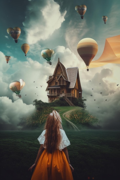 A woman standing in front of a house surrounded by hot air balloons Generative AI image