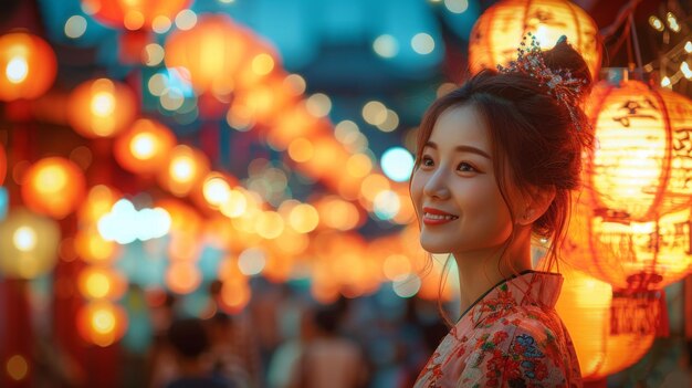 Photo woman standing in front of lanterns at night