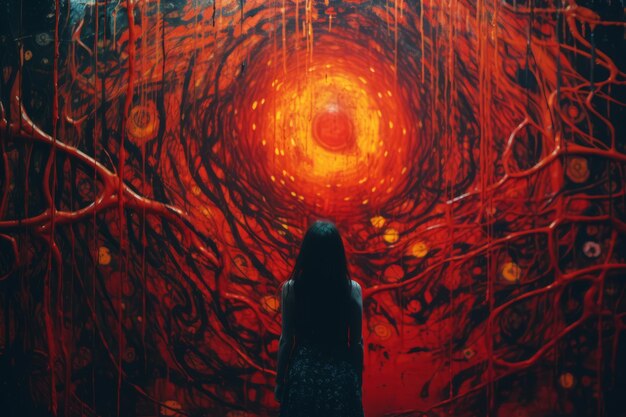 Foto una donna in piedi di fronte a un grande dipinto rosso
