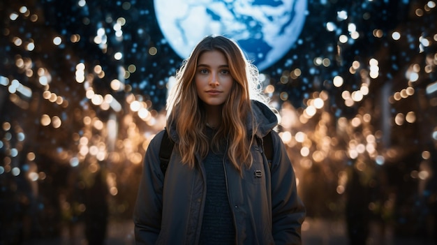 A Woman Standing in Front of Lights