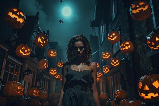 A woman standing in front of a lot of pumpkins