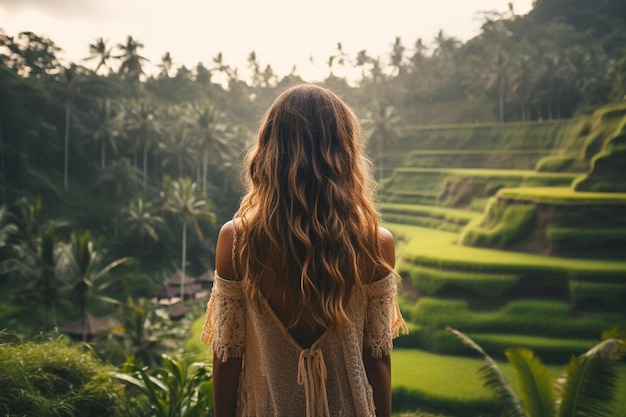 Photo a woman standing in front of a lush green field