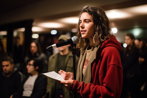 A woman standing in front of a microphone holding a piece of paper