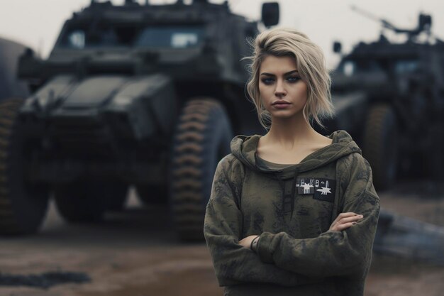 Photo woman standing in front of a military vehicle