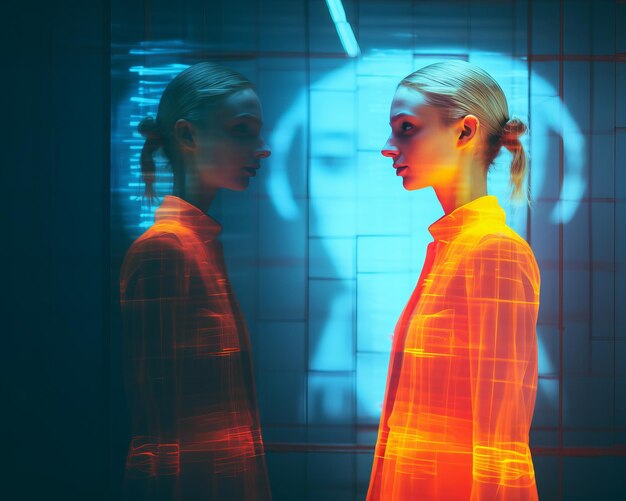 Photo a woman standing in front of a mirror with an orange light behind her