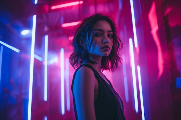 A woman standing in front of neon lights