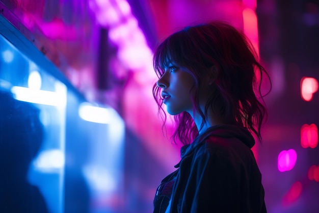 a woman standing in front of neon lights